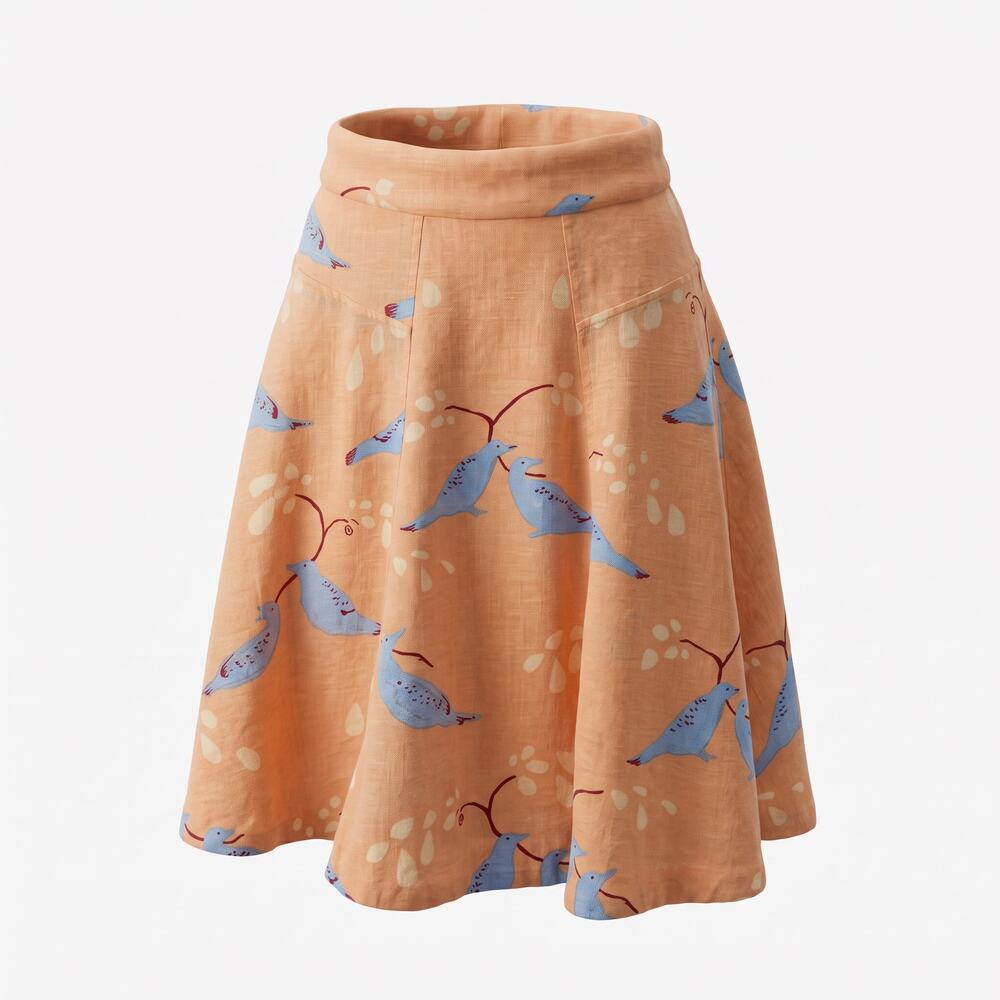 Meadow Rue (Anthropologie) Peach 100% LINEN skirt with Blue bird print and wide